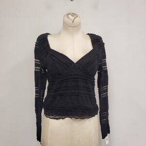 La Peche Dark Romantic Black Top Size M Goth Babydoll‎ Sheer Sleeves Frilly Lace